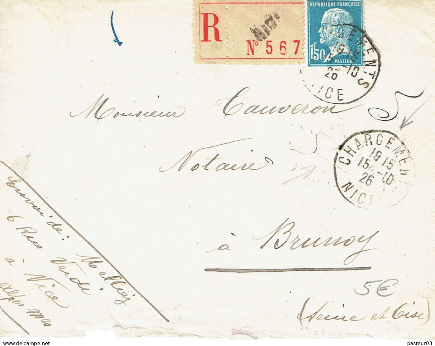 Tarifs Postaux France Du 09-08-1926 (31) Pasteur N° 181 1,50 F.  Lettre Recommandée 1er échelon TaD Chargements Nice 15- - 1922-26 Pasteur