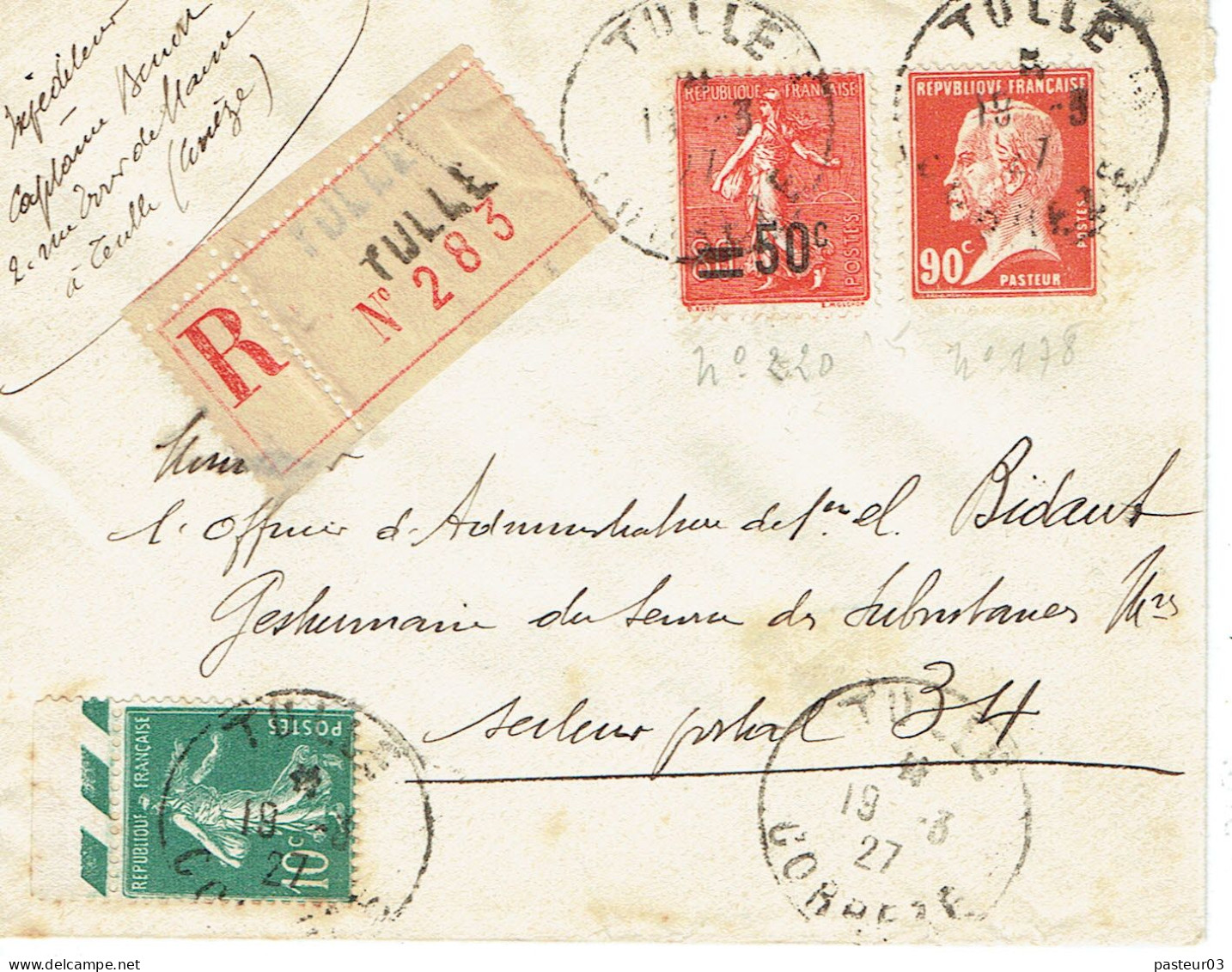 Tarifs Postaux France Du 09-08-1926 (33) Pasteur N° 178 90 C. Plus Semeuse 50 C. Sur 80 C. + Semeuse 10 C. Bureau  Front - 1922-26 Pasteur