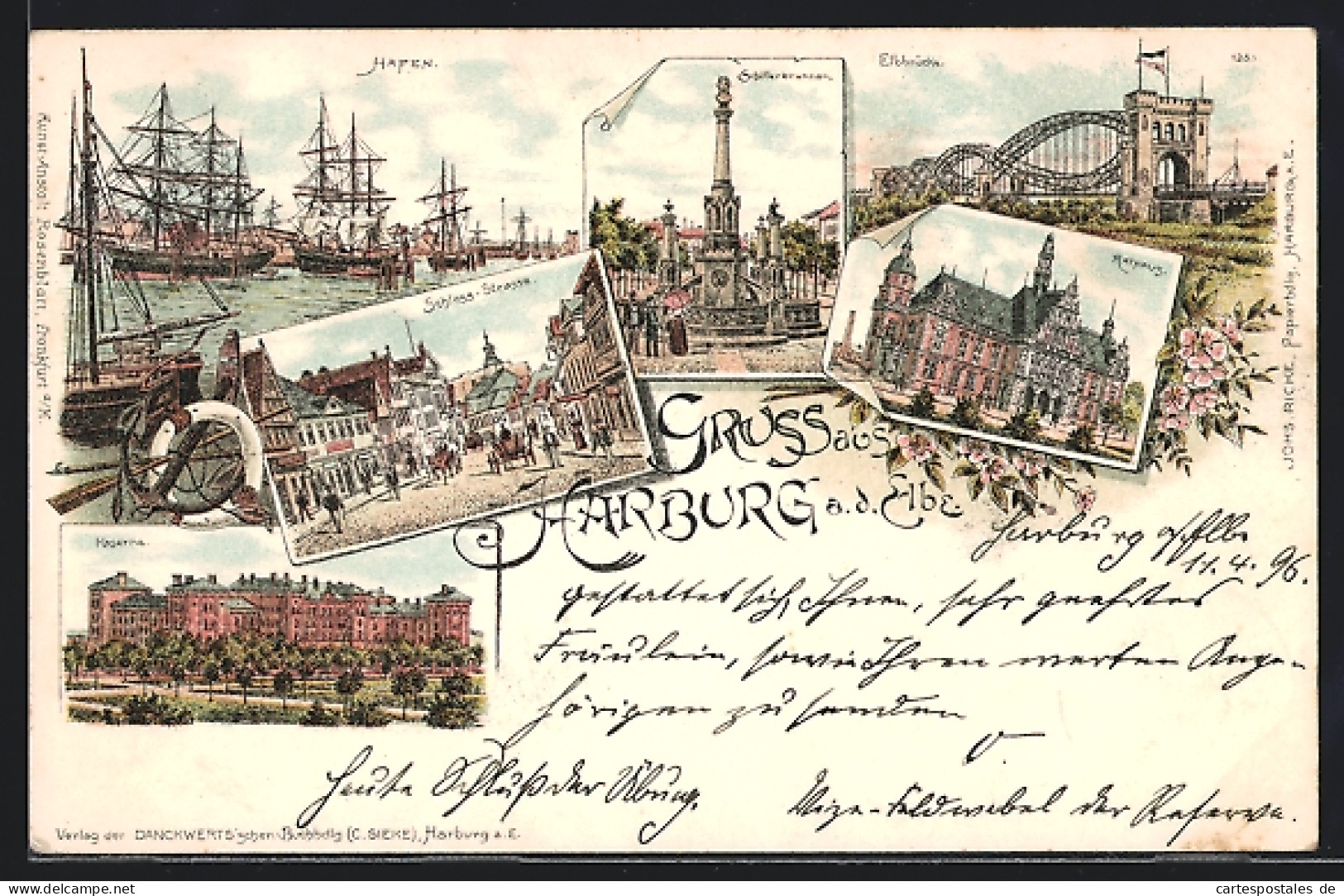 Lithographie Hamburg-Harburg, Hafen, Elbbrücke, Schillerbrunnen, Schloss-Strasse, Rathaus, Kaserne  - Harburg