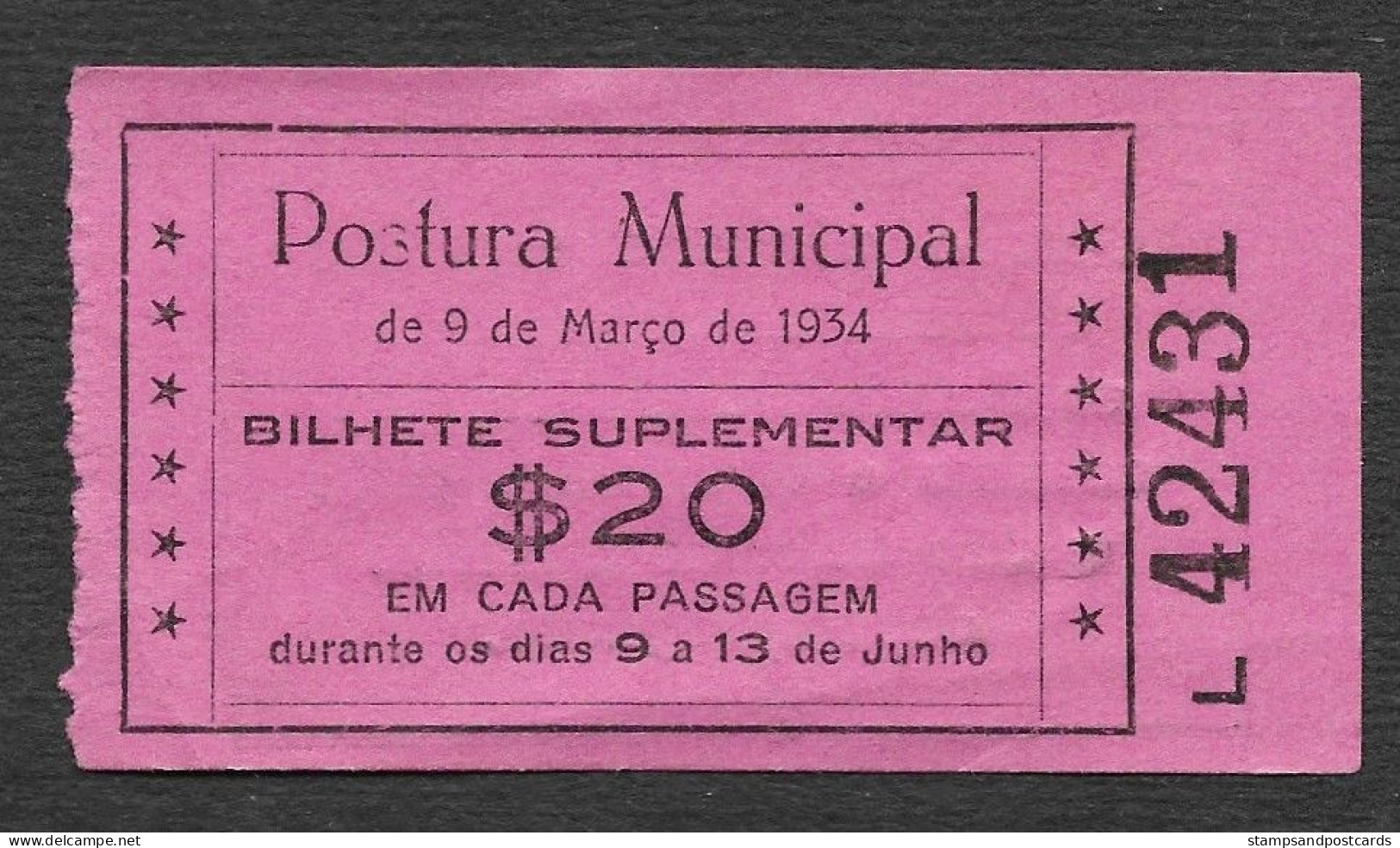 Lisbonne Portugal Carris Tramway Ticket Supplémentaire Fiscale Fêtes Lisbonne 1934 Lisbon Tram Additional Revenue Ticket - Europe