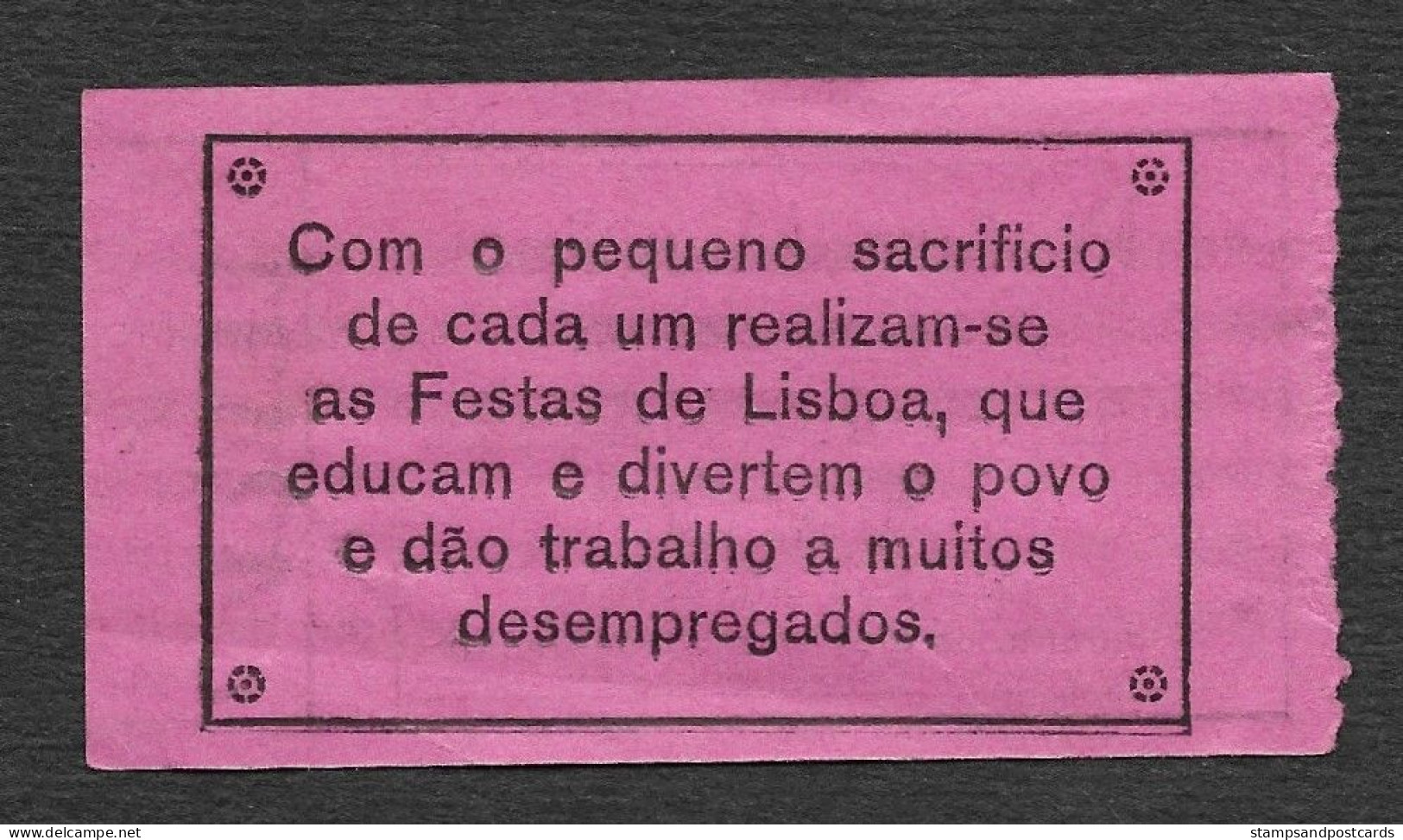 Lisbonne Portugal Carris Tramway Ticket Supplémentaire Fiscale Fêtes Lisbonne 1934 Lisbon Tram Additional Revenue Ticket - Europa