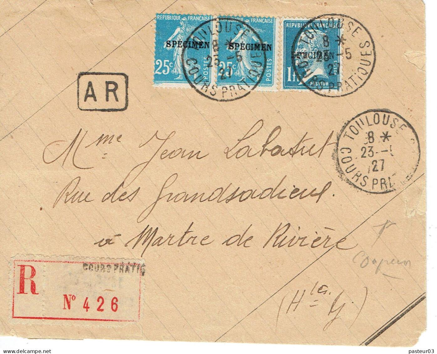 Tarifs Postaux France Du 09-08-1926 (44) Pasteur N° 179 CI 1,00 F. Spécimen + 25c. Semeuse Toulouse Cours LR 1er 23-05-1 - 1922-26 Pasteur