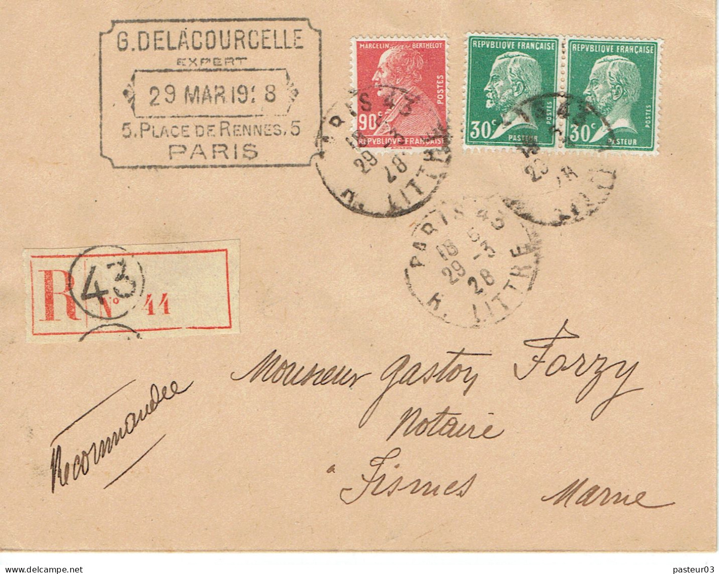 Tarifs Postaux France Du 09-08-1926 (46) Pasteur N° 174 30 C. X 2 +  Berthelot 90 C.  LR 1er 29-03-1928 - 1922-26 Pasteur