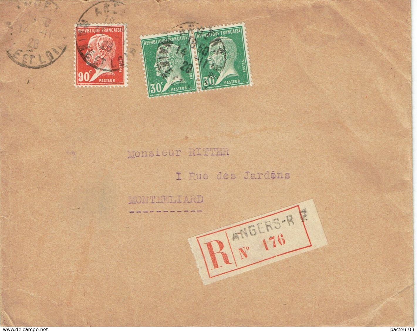 Tarifs Postaux France Du 09-08-1926 (51) Pasteur N° 174  30 C. X 2 +  Pasteur N° 178  90 C.  LR 1er 12-11-1928 - 1922-26 Pasteur