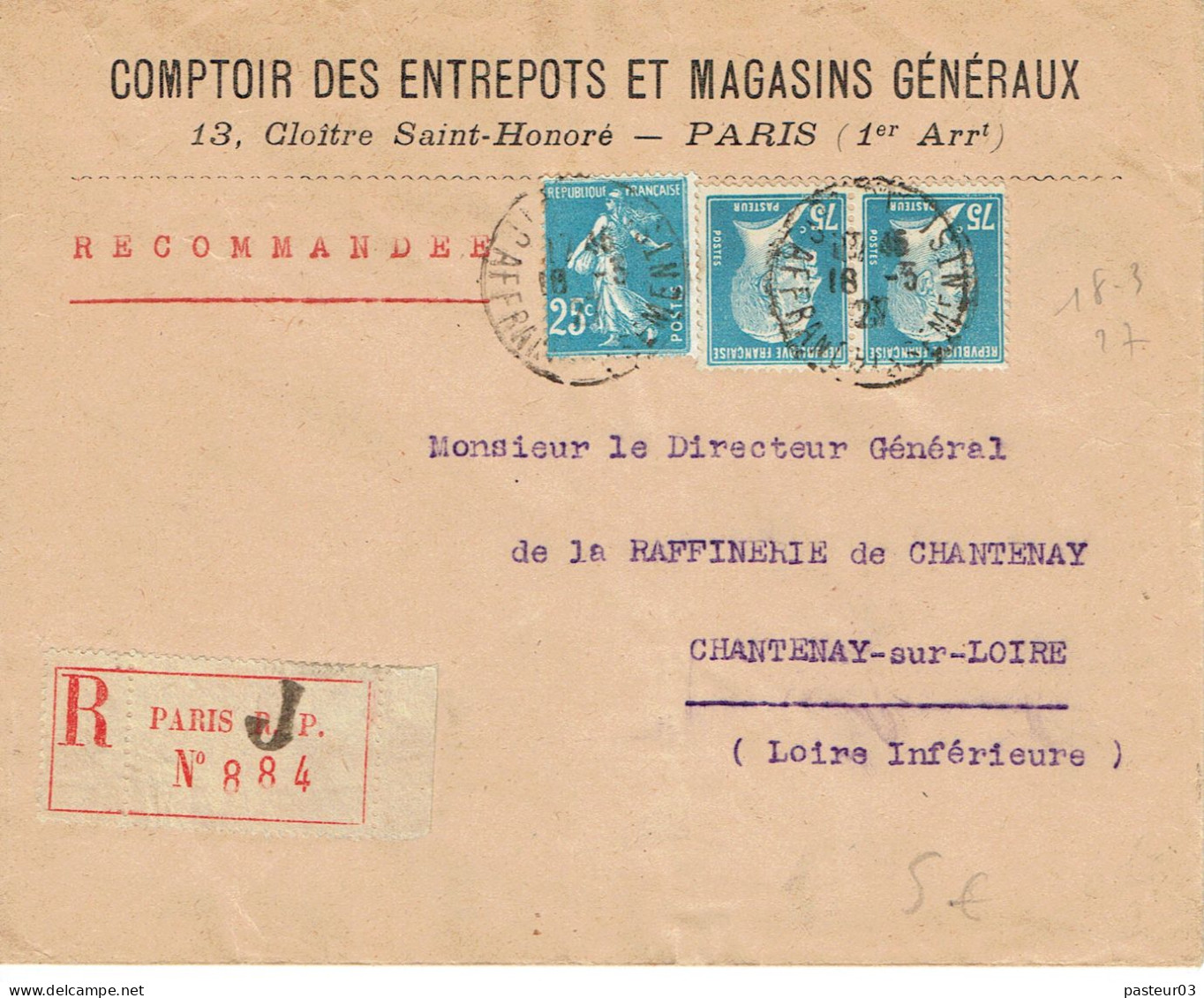 Tarifs Postaux France Du 09-08-1926 (69) Pasteur 75 C. X 2 + Semeuse 25 C.  LR 2ème 06-02-1927 - 1922-26 Pasteur
