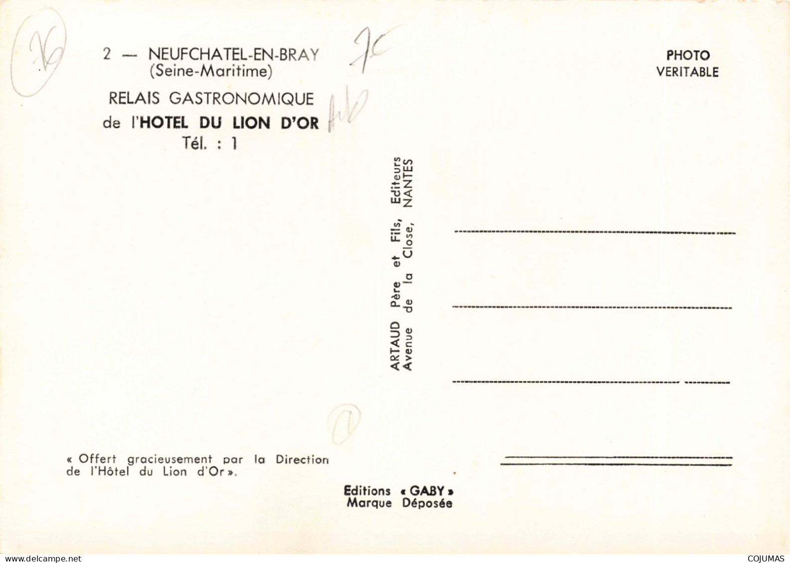 76 - NEUFCHATEL EN BRAY _S27997_ Hôtel Du Lion D'Or - Automobile - ARTAUD - CPSM 15x10 Cm - Neufchâtel En Bray