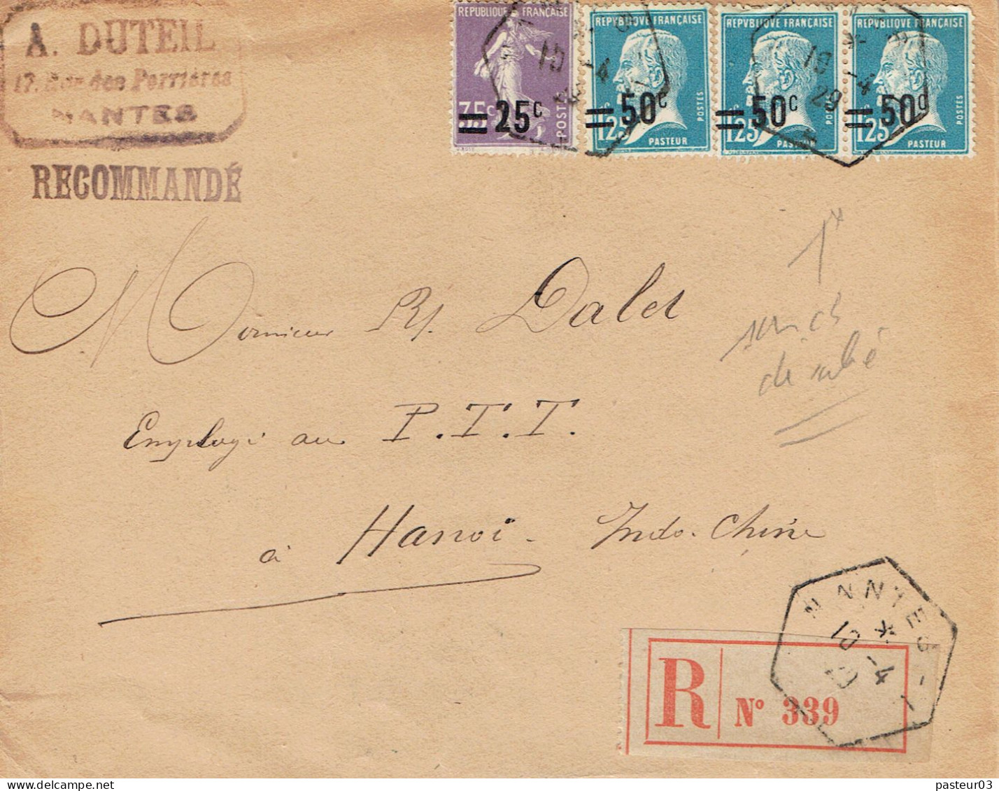 Tarifs Postaux France Du 09-08-1926 (73) Pasteur N° 222 50 C. Sur 1,25 F. + Semeuse 25 C. Sur 35 C. Violet Sur 35 C. LR - 1922-26 Pasteur