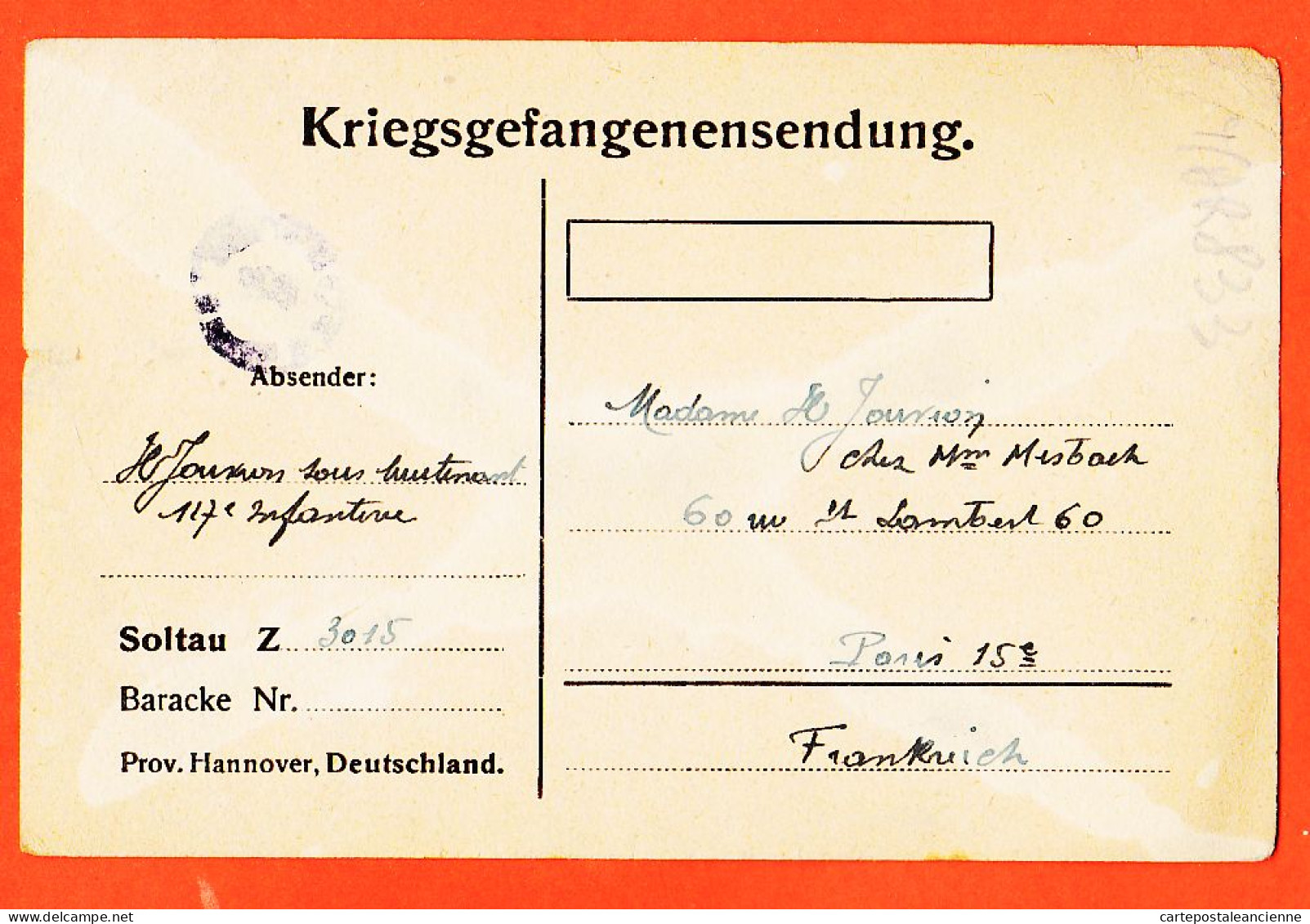 00408  /⭐ ◉  ♥️ Stalag SOLTAU Hannover Z-3015 Kriegsgefangensendung 21-01-1918 Prisonnier S/Lieutenant JOUVION 117e Inf. - Soltau