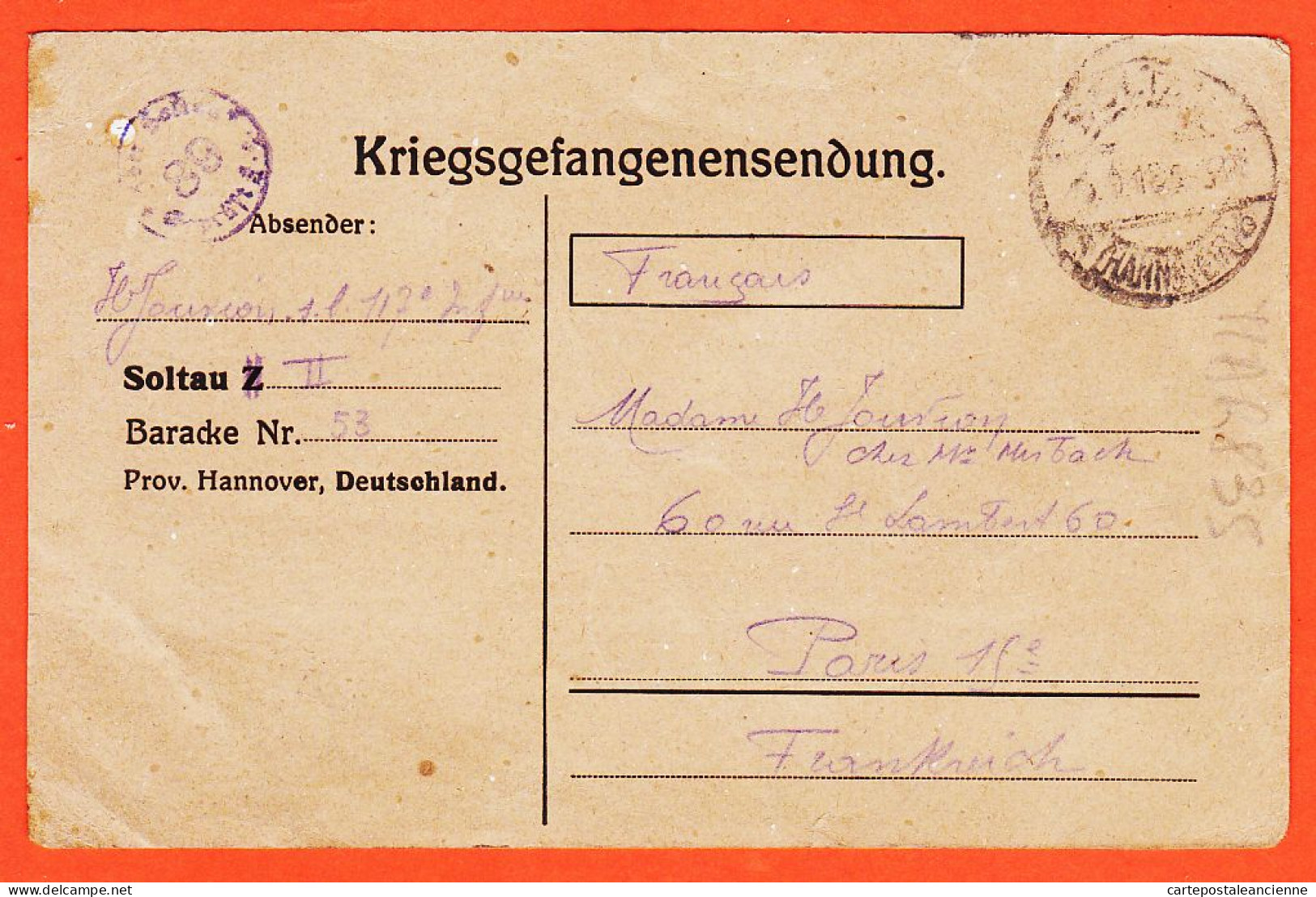 00416  /⭐ ◉  ♥️ Stalag SOLTAU II Baracke 53 Kriegsgefangensendung 20-08-1918 Prisonnier S/Lieutenant JOUVION 117e Inf. - Soltau