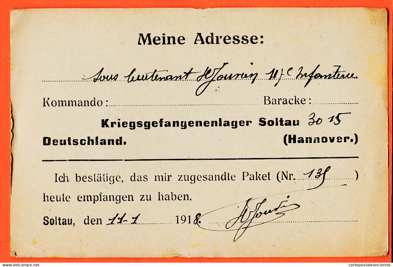 00414  /⭐ ◉  ♥️ Stalag SOLTAU Hannover 30-15 Kriegsgefangenenlager 11-01-1918 JOUVION 117e Inf. à Mme 60 Rue St Lambert - Soltau