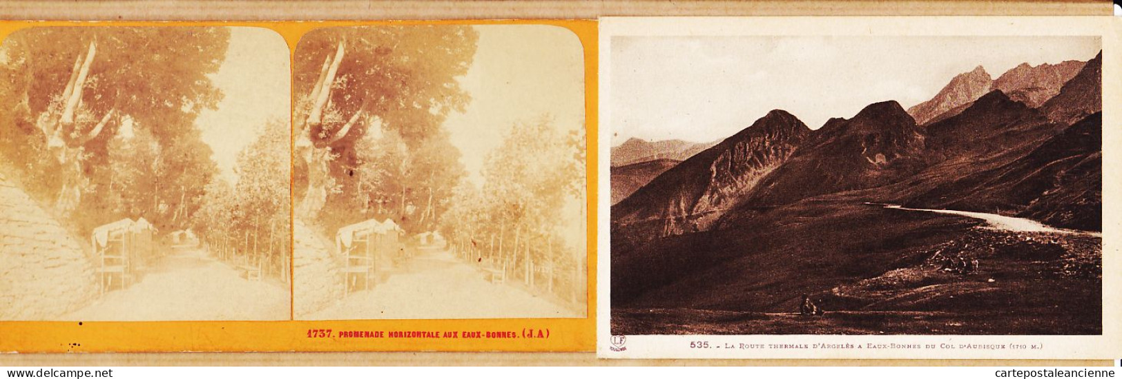 00437 ● Peu Commun Stereo-Photo 1890s EAUX-BONNES Promenade HORIZONTALE (64) Cascade VALENTIN + 1 CPA Route Thermale - Eaux Bonnes