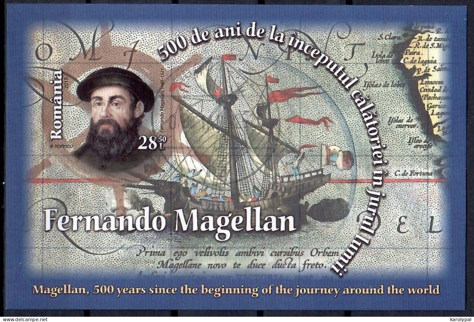 Romania, 2019 CTO, Mi.bl.  Nr. 806,     Magellan, Ship, And Map - SS - Oblitérés