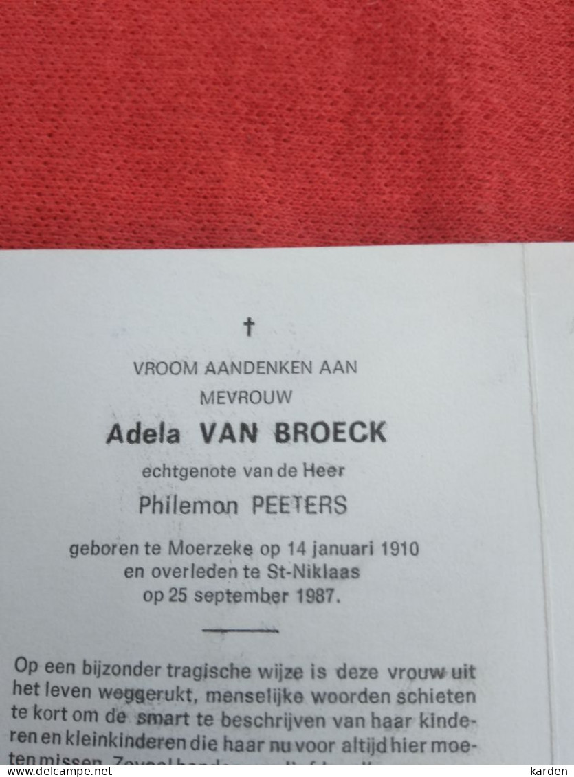Doodsprentje Adela Van Broeck / Moerzeke 14/1/1910 Sint Niklaas 25/9/1987 ( Philemon Peeters ) - Religión & Esoterismo