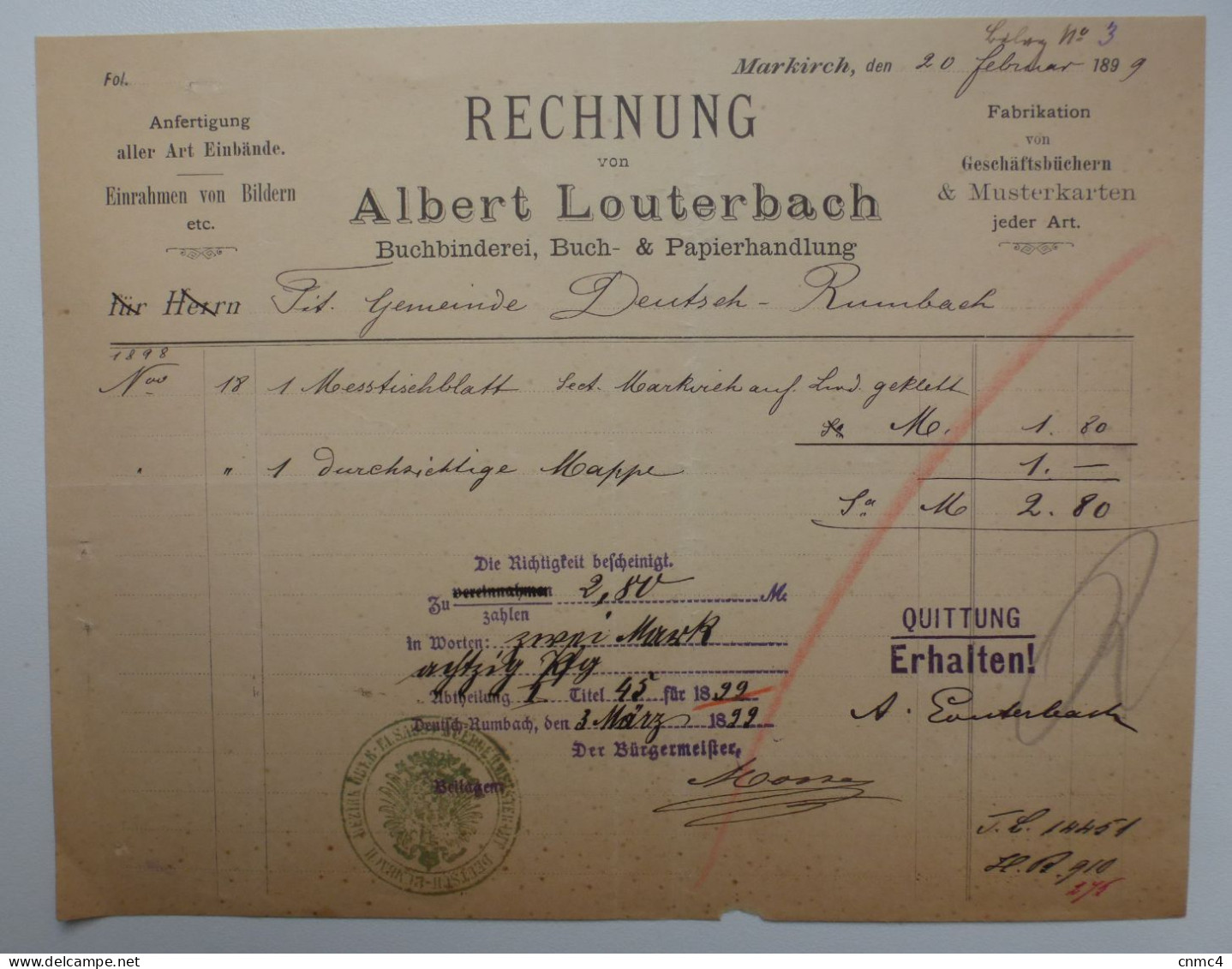 Facture Sainte Marie Aux Mines Albert Louterbach Buchbinderei - Printing & Stationeries