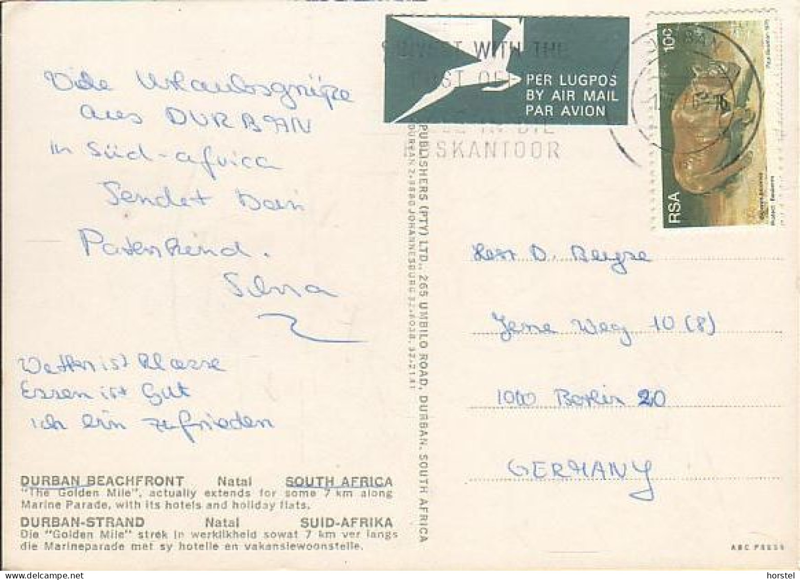 South Africa - Durban - "The Golden Mile" - Coast - Aerial View - Nice Stamp - Afrique Du Sud