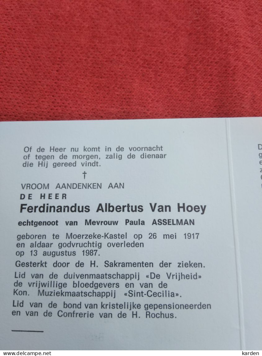 Doodsprentje Ferdinandus Albertus Van Hoey / Moerzeke Kastel 26/5/1917- 13/8/1987 ( Paula Asselman ) - Godsdienst & Esoterisme