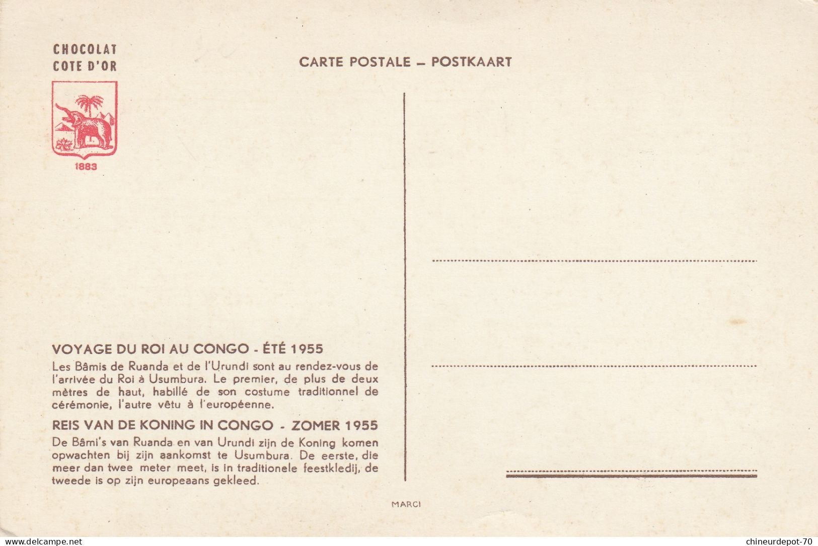 CHOCOLAT CÔTE D'OR CARTE POSTALE 1883 VOYAGE DU ROI AU CONGO - Congo Belge