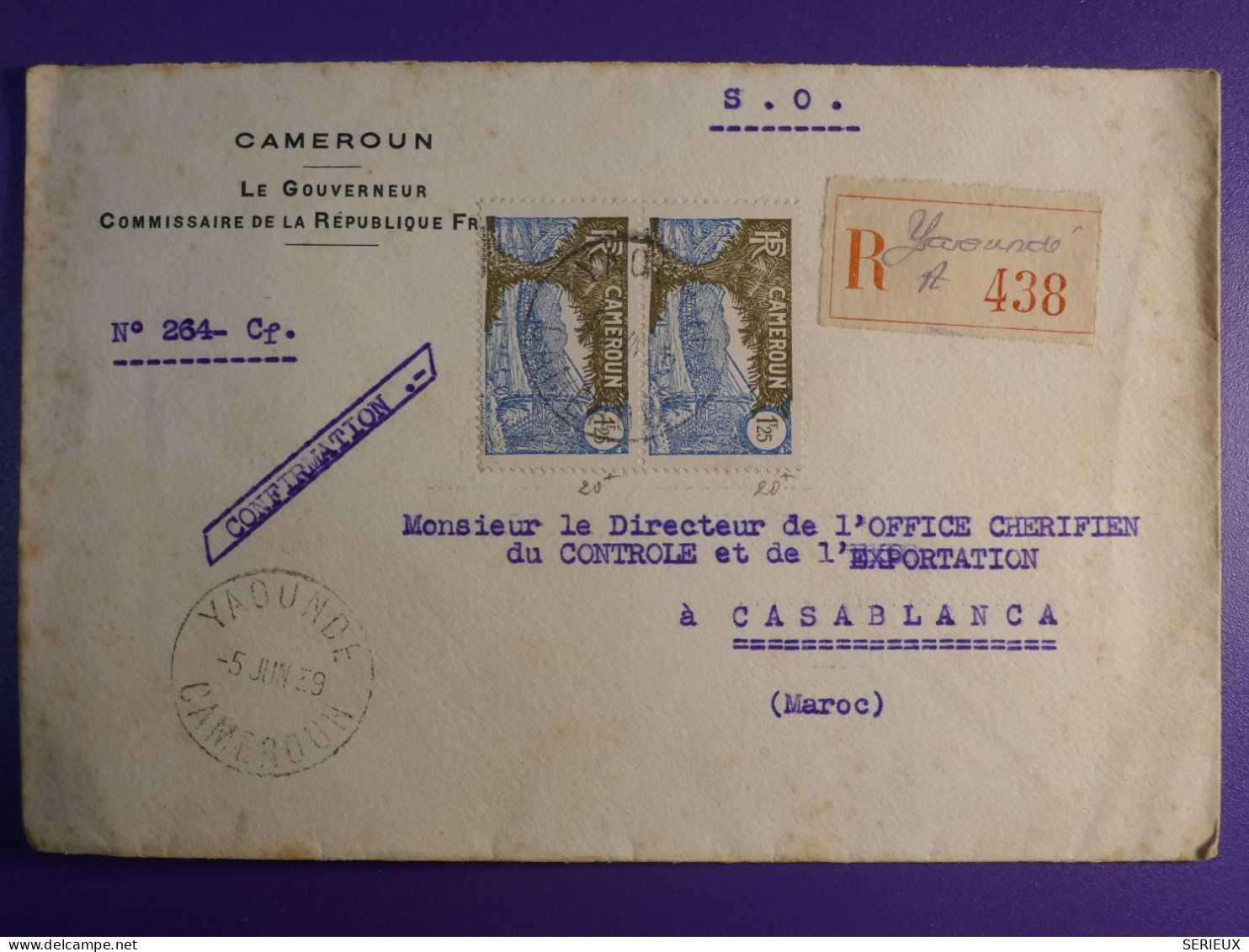 DN6 CAMEROUN BELLE LETTRE RARE RECO DU GOUVERNEUR  1939 A CASABLANCA MAROC +PAIRE N° 145+ AFFRANCH. PLAISANT - Brieven En Documenten