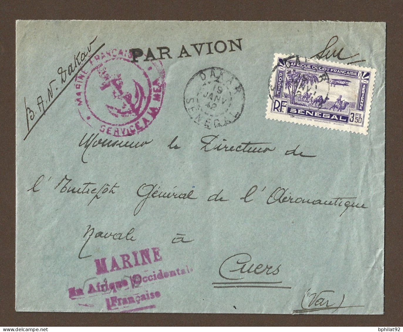 !!! SÉNÉGAL, LETTRE EN FRANCHISE PAR AVION, CACHET BAN DAKAR POUR LA FRANCE DE 1942 - Brieven En Documenten