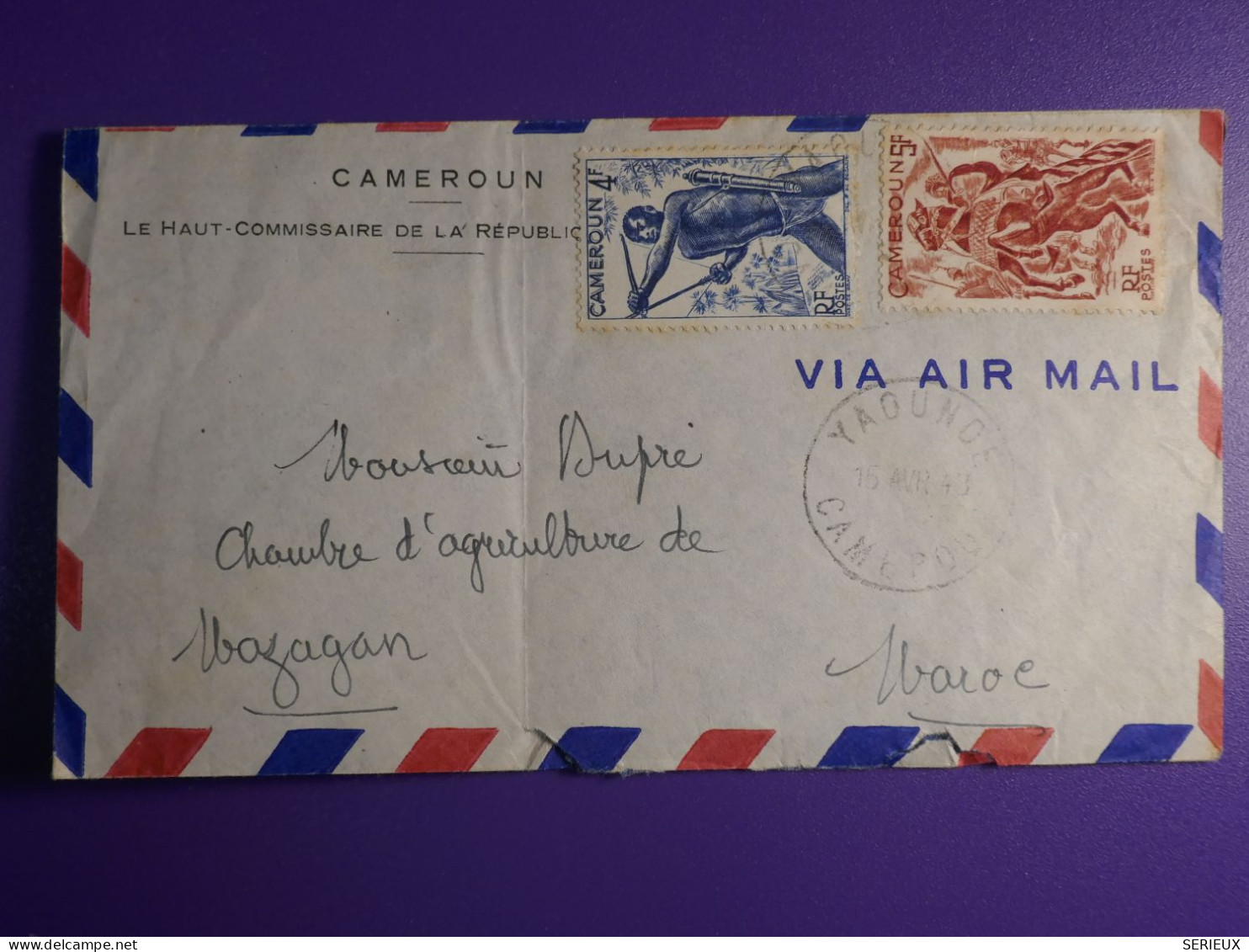 DN6 CAMEROUN BELLE LETTRE RARE HAUT COMMISSAIRE 1943 A MAZAGAN MAROC ++ AFFRANCH. PLAISANT - Briefe U. Dokumente