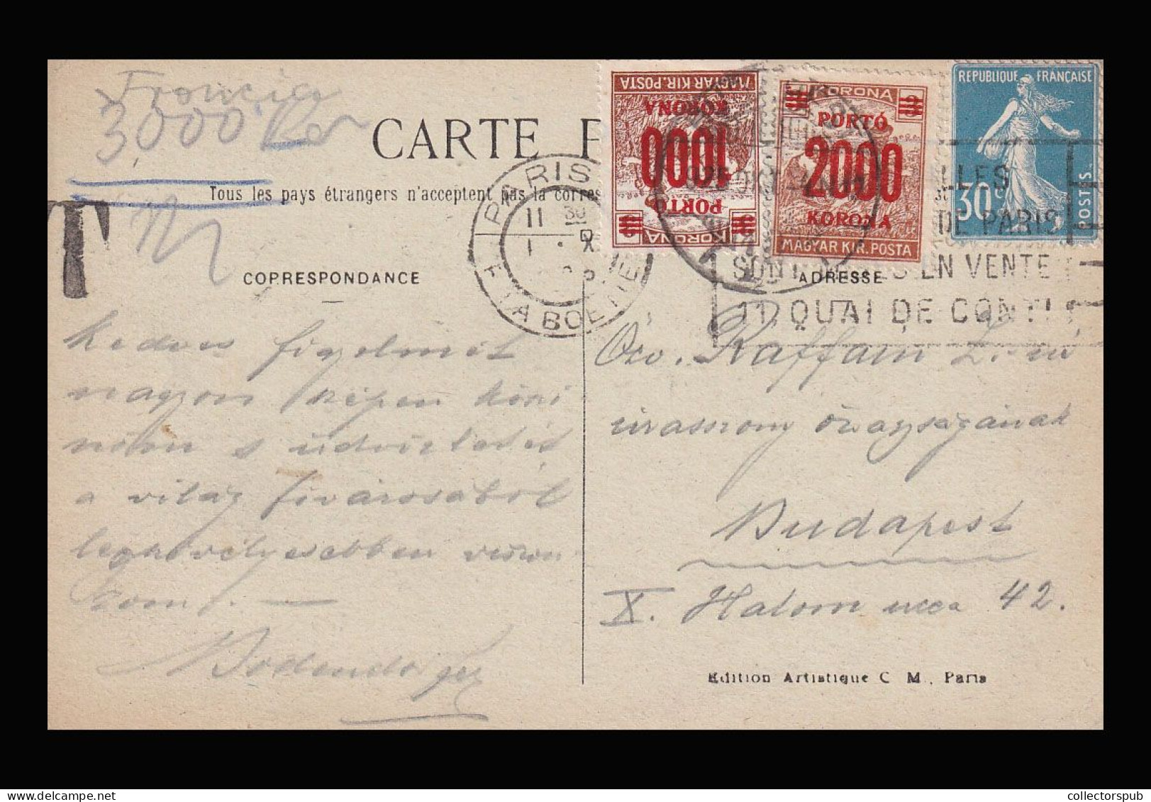 1922. Postcard From FRANCE With Postage Due Stamps - Storia Postale