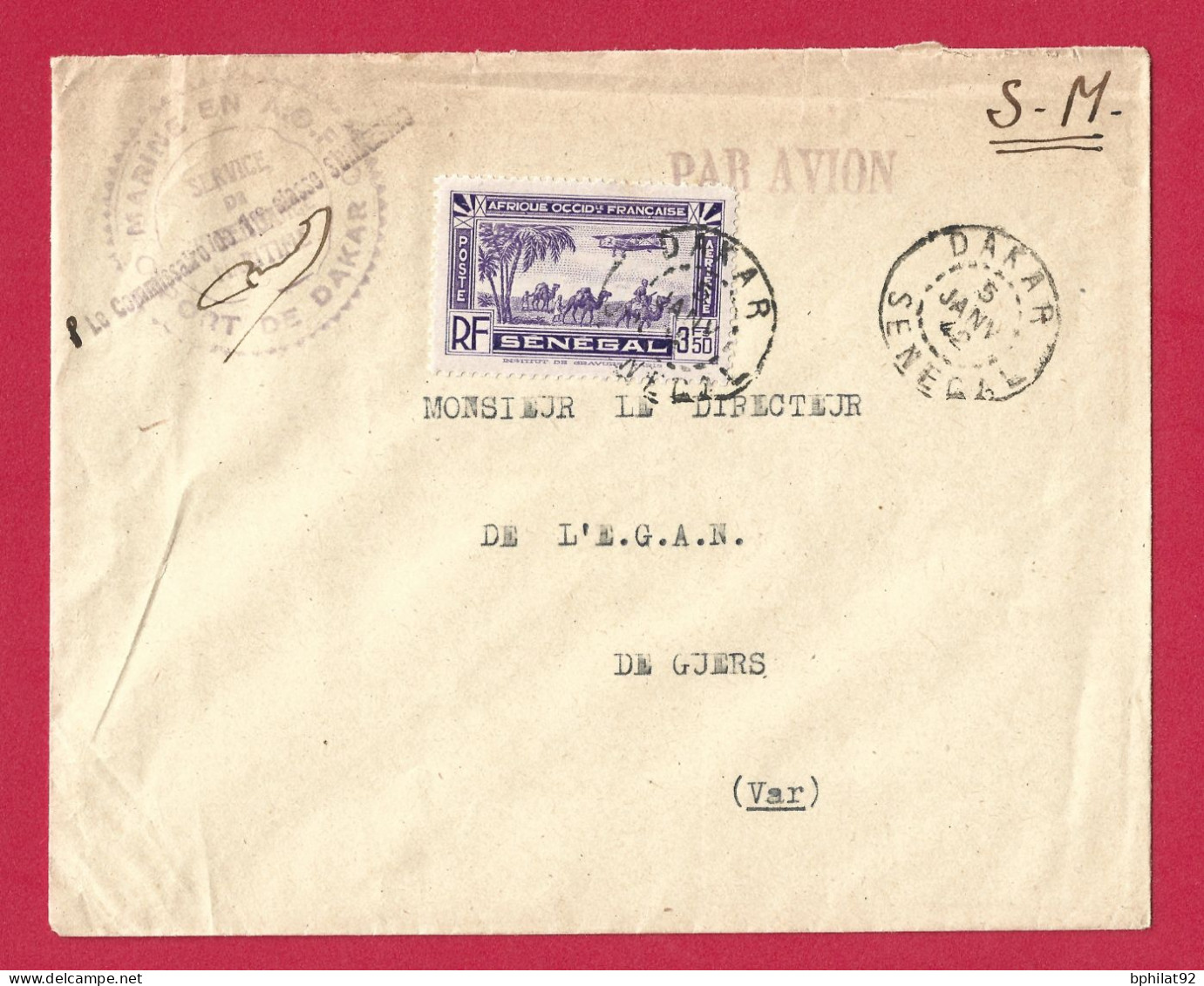 !!! SÉNÉGAL, LETTRE PAR AVION DE DAKAR POUR LA FRANCE DE 1942, CACHET SERVICE DE L'INTENDANCE MARITIME PORT DE DAKAR - Lettres & Documents