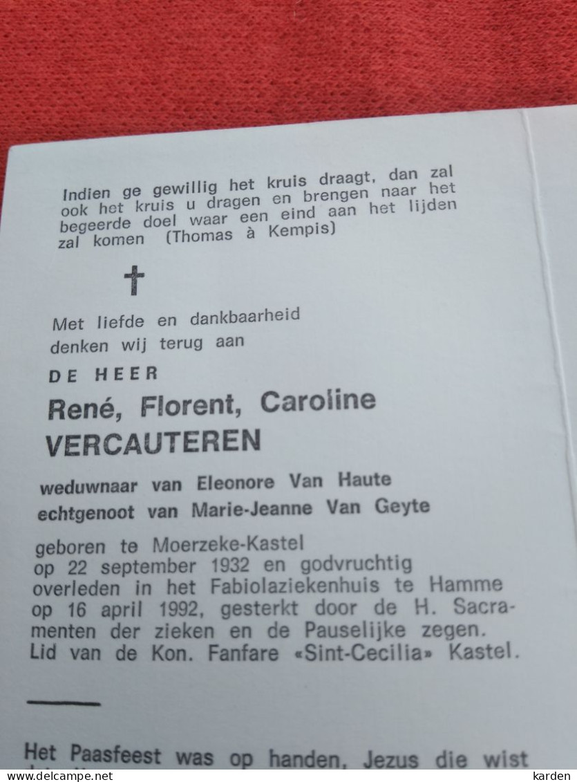 Doodsprentje René Florent C. Vercauteren / Moerzeke Kastel 22/9/1932 Hamme 16/4/1992 ( E. Van Haute / M.J. Van Geyte ) - Religion & Esotérisme