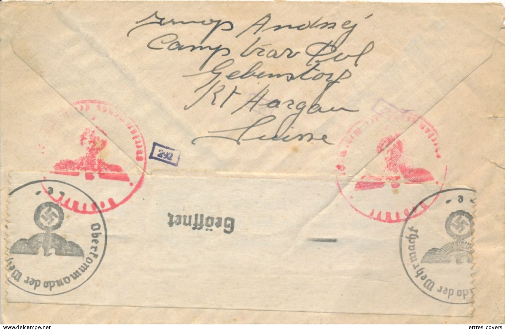 SUISSE CAMP MILITAIRE  INTERNEMENT GEBENSTORF EVADÉS - POLONAIS POLISH CENSURE BELGIQUE LETTRE COVER INTERNES - Poststempel