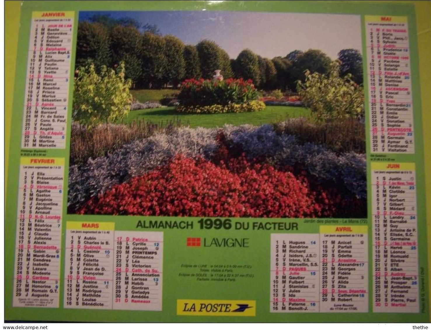 FRANCE - Almanach Du Facteur  1996 - Jardin Des Plantes - Le Mans (72) Et Jardin Public - Loches (37) - Groot Formaat: 1991-00