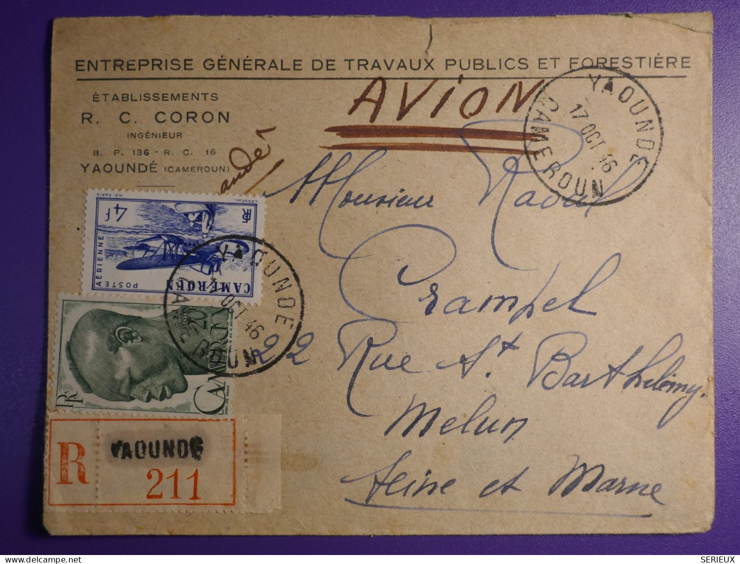 DN6 CAMEROUN BELLE LETTRE RECO  PRIVEE  1939 A MELUN FRANCE ++ AFFRANCH. INTERESSANT - Cartas & Documentos