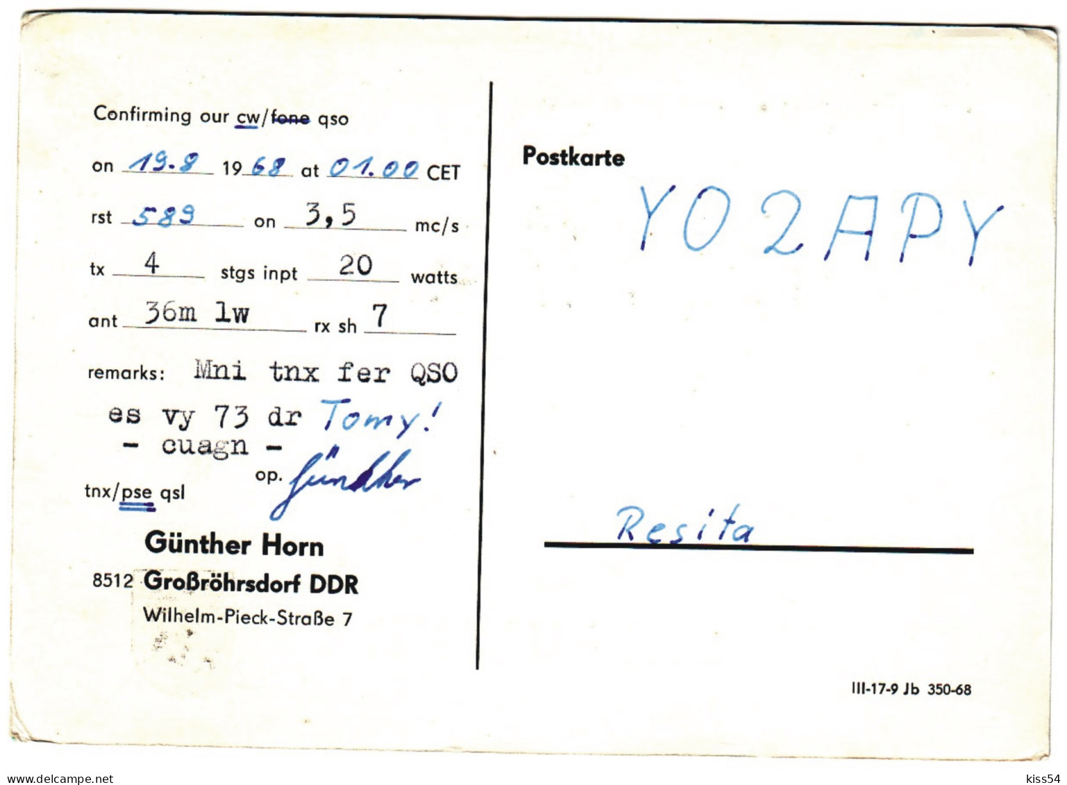 Q 12 - 319 GERMANY ( DDR ), Radio - 1968 - Radio-amateur