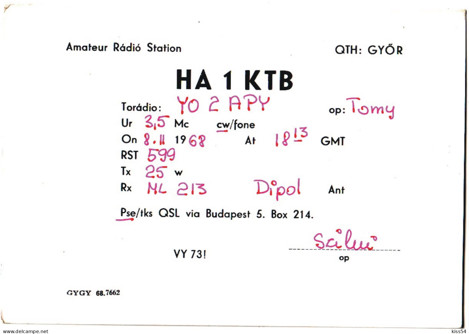 Q 12 - 316-a HUNGARY, Radio - 1968 - Amateurfunk