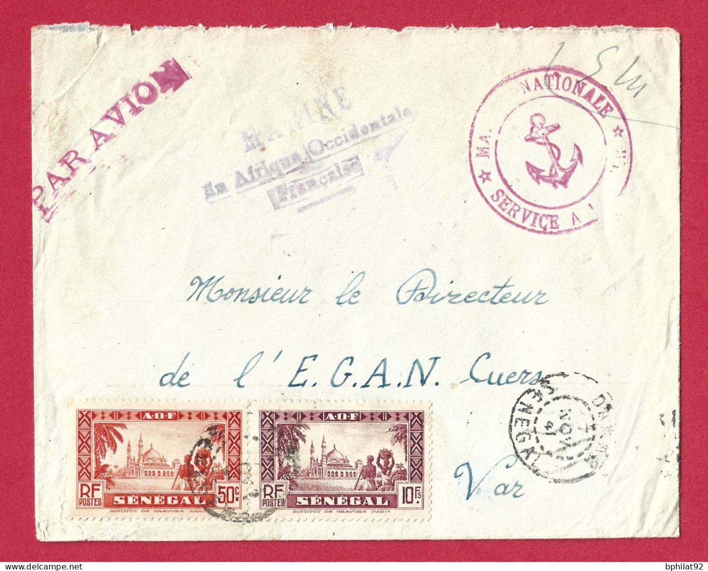 !!! SÉNÉGAL, LETTRE EN FRANCHISE PAR AVION DE DAKAR POUR LA FRANCE DE 1941, CACHET MARINE EN AOF - Cartas & Documentos