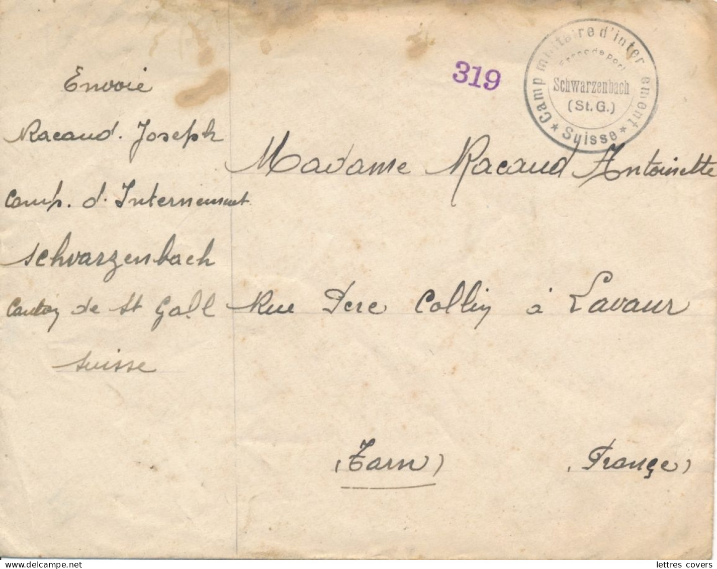 1940 SUISSE CAMP MILITAIRE  INTERNEMENT SCHWARZENBACH CENSURE  LETTRE COVER INTERNES LAVAUR TARN FRANCE - Poststempel