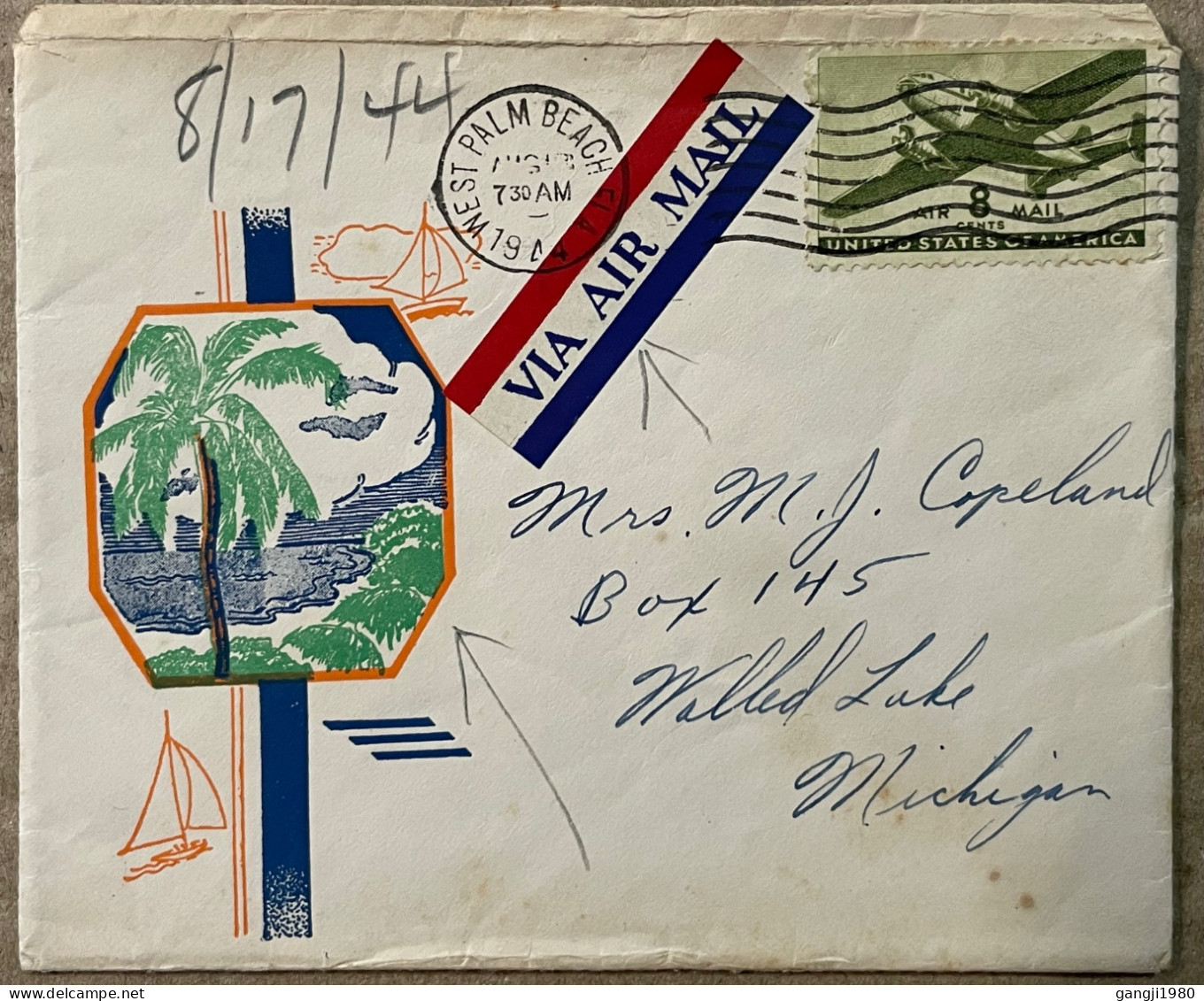 USA 1944, COVER USED, ILLUSTRATE SEA SHORE, TREE, BOAT, WEST PALM BEACH TOWN CANCEL, AIRPLANE STAMP. - Storia Postale