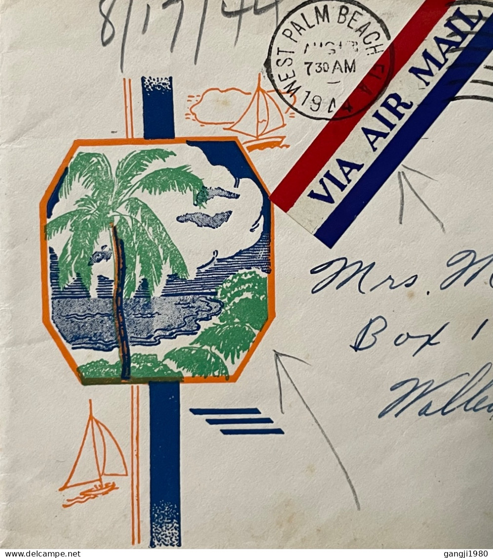 USA 1944, COVER USED, ILLUSTRATE SEA SHORE, TREE, BOAT, WEST PALM BEACH TOWN CANCEL, AIRPLANE STAMP. - Cartas & Documentos