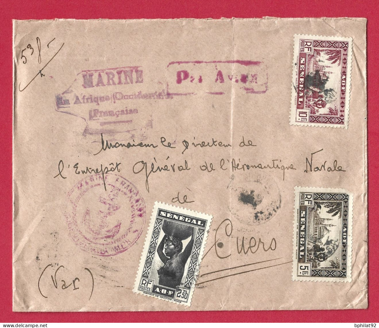 !!! SÉNÉGAL, LETTRE PAR AVION POUR LA FRANCE DE 1942, CACHET MARINE EN AFRIQUE OCCIDENTALE FRANÇAISE - Briefe U. Dokumente