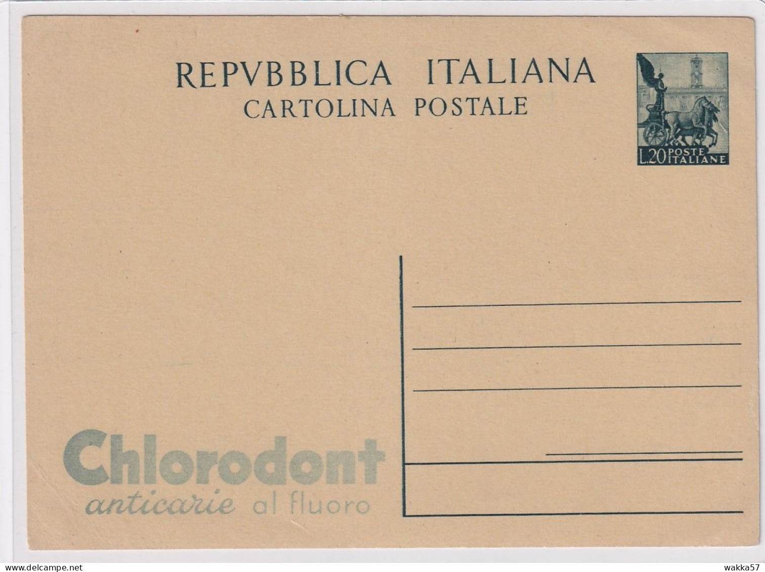 XK 685 - Intero Postale Cartolina Lire 20 Quadriga Pubblicitaria Chlorodont Nuova - Postwaardestukken