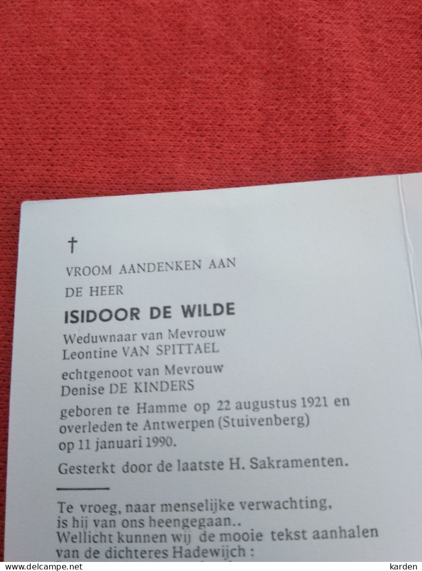 Doodsprentje Isidoor De Wilde / Hamme 22/8/1921 Antwerpen 11/1/1990 ( Leontine Van Spittael / Denise De Kinders ) - Religion &  Esoterik
