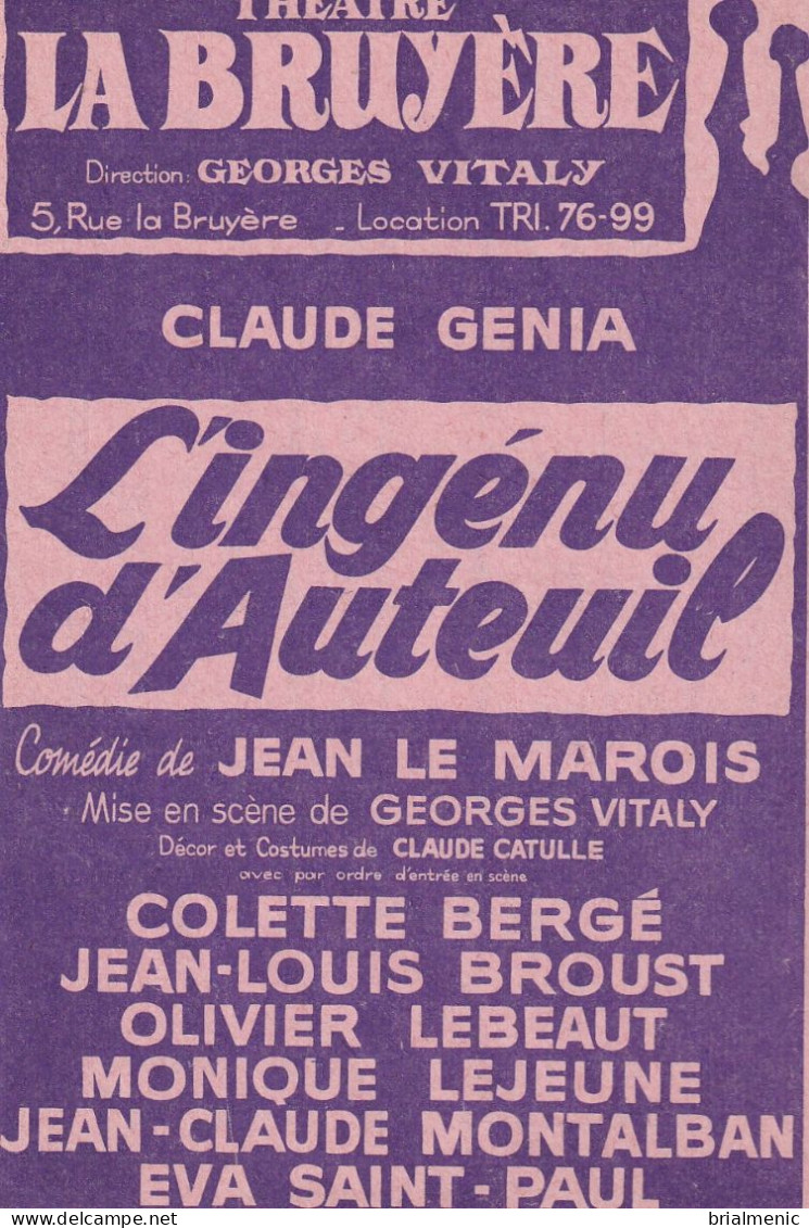 Billet D'entrée De Théâtre " L'ingénu D'Auteuil " ( Avec Claude Genia ) - Tickets D'entrée