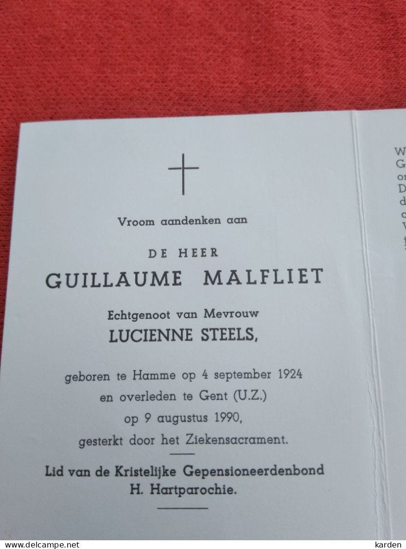 Doodsprentje Guillaume Malfliet / Hamme 4/9/1924 Gent 9/8/1990 ( Lucienne Steels ) - Religion & Esotérisme