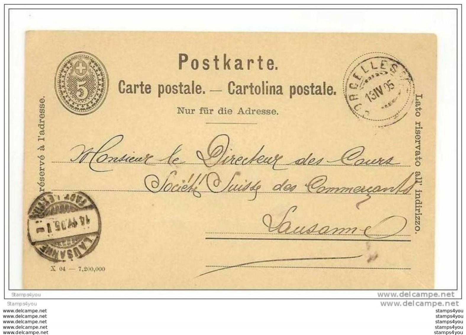 21 - 63  - Entier Postal Suisse 5cts Cachet De Corcelles Et Lausanne 1905 - Interi Postali
