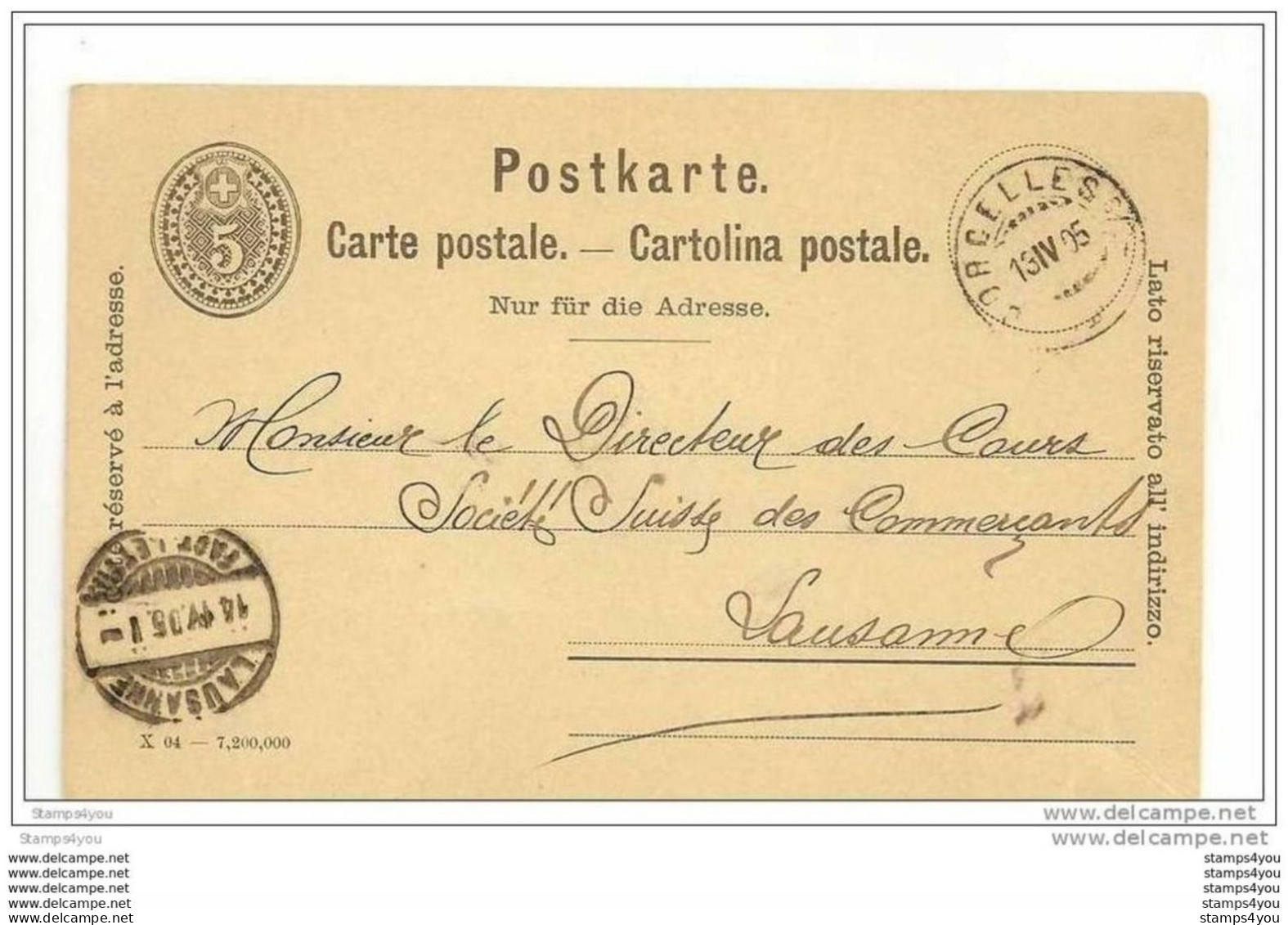 21 - 63  - Entier Postal Suisse 5cts Cachet De Corcelles Et Lausanne 1905 - Entiers Postaux