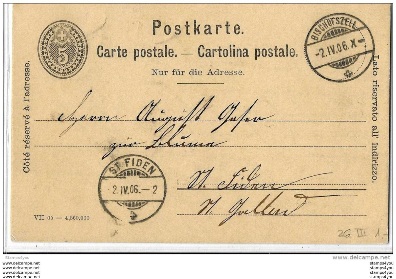 41-18 - Entier Postal 5cts Avec Cachets à Date De  Bischofszell Et St Fiden 1906 - Entiers Postaux