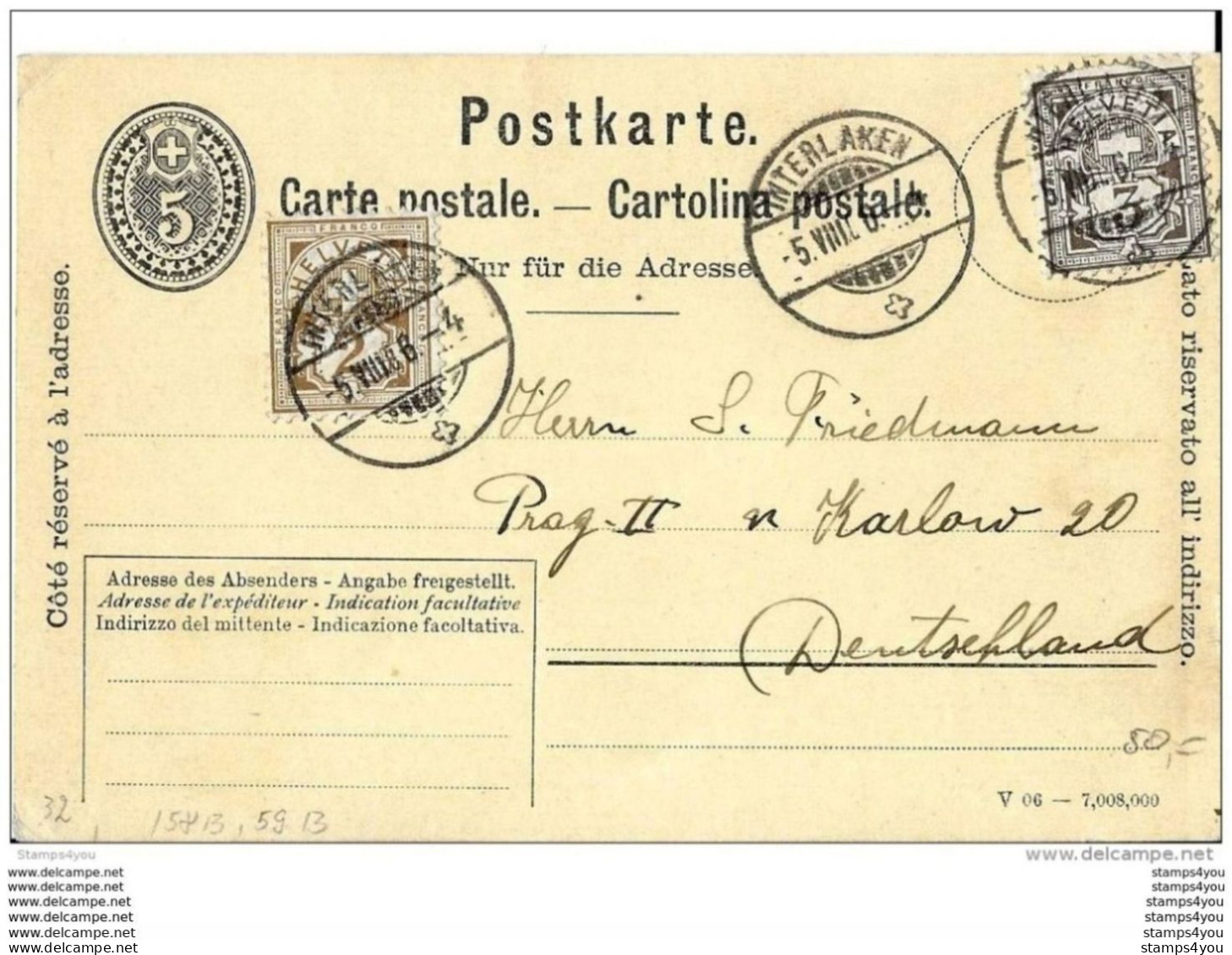 4 - 59 - Entier Postal Envoyé D'Interlaken En Allemagne 1906 - Affranchissement Complémentaire - Interi Postali