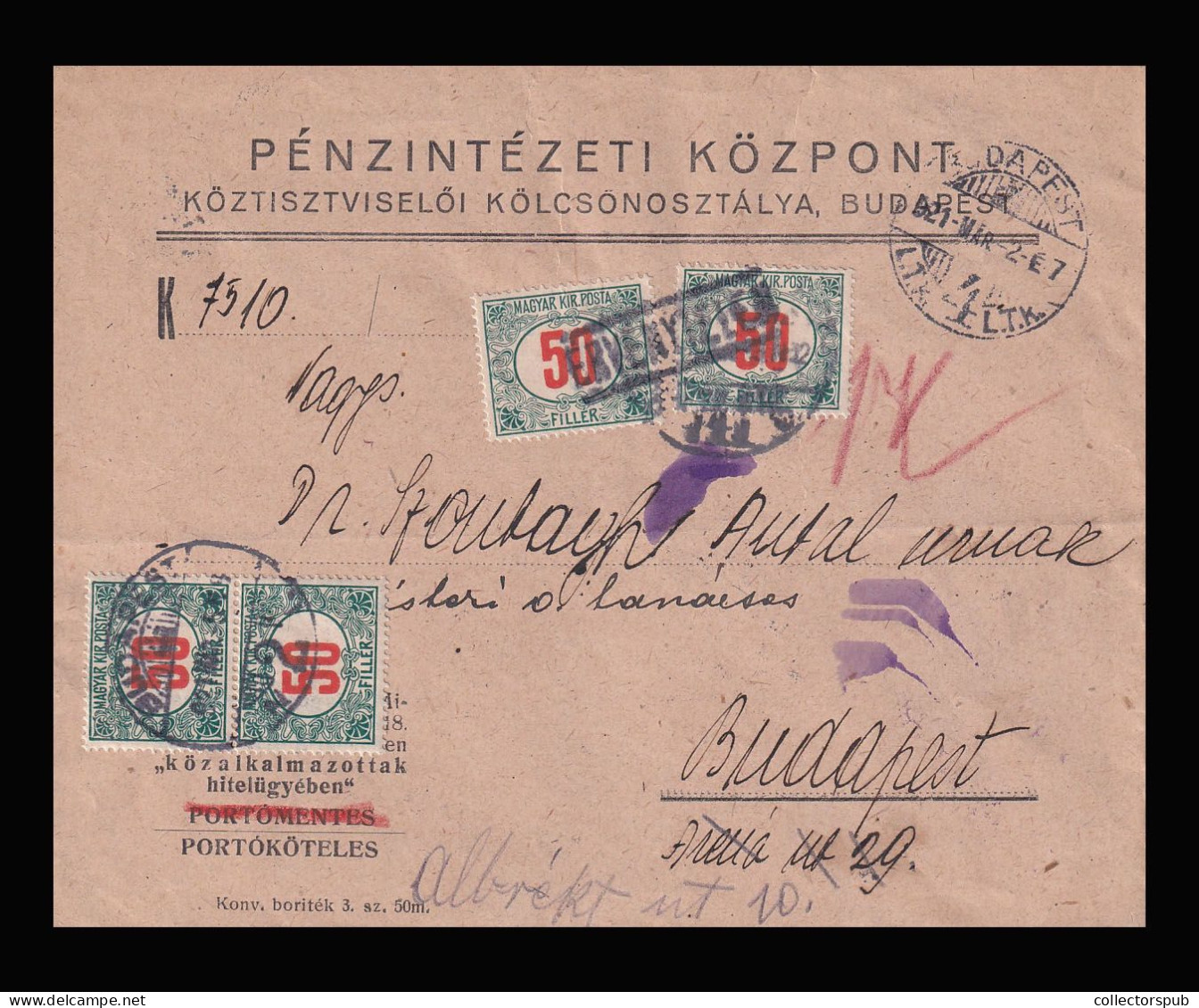 HUNGARY 1921. Nice Cover With Double Postage Due Frankings - Brieven En Documenten