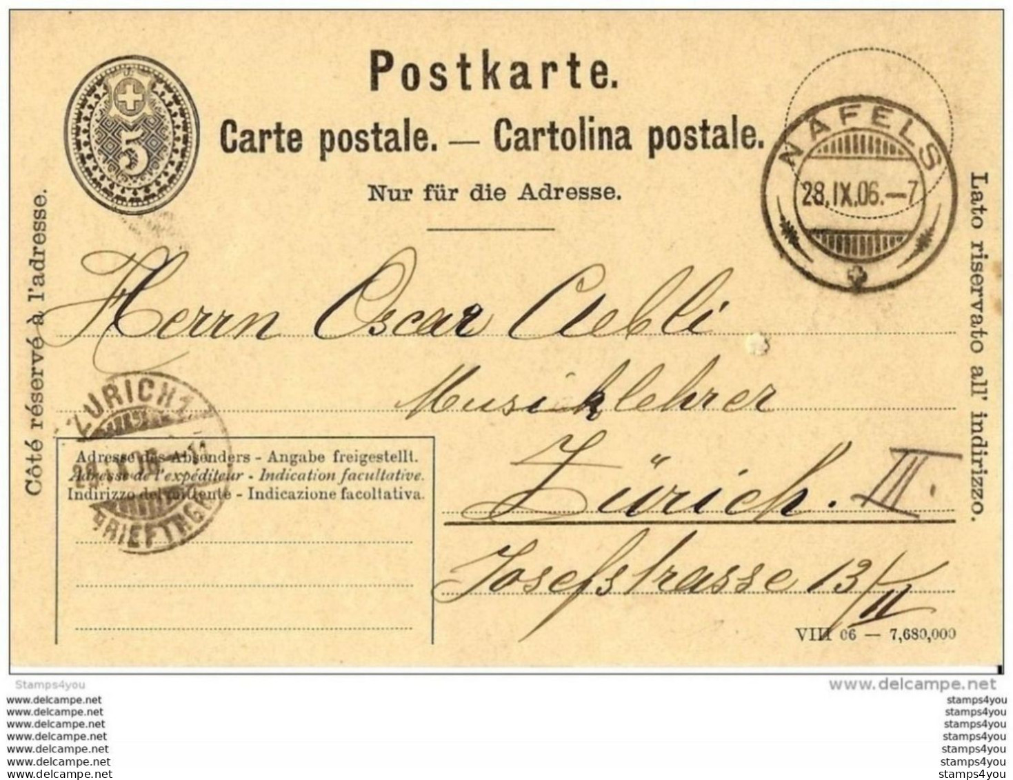 7 - 89 - Entier Postal 5 Cts Cachets à Date De  Näfels Et Zürich 1906 - Entiers Postaux