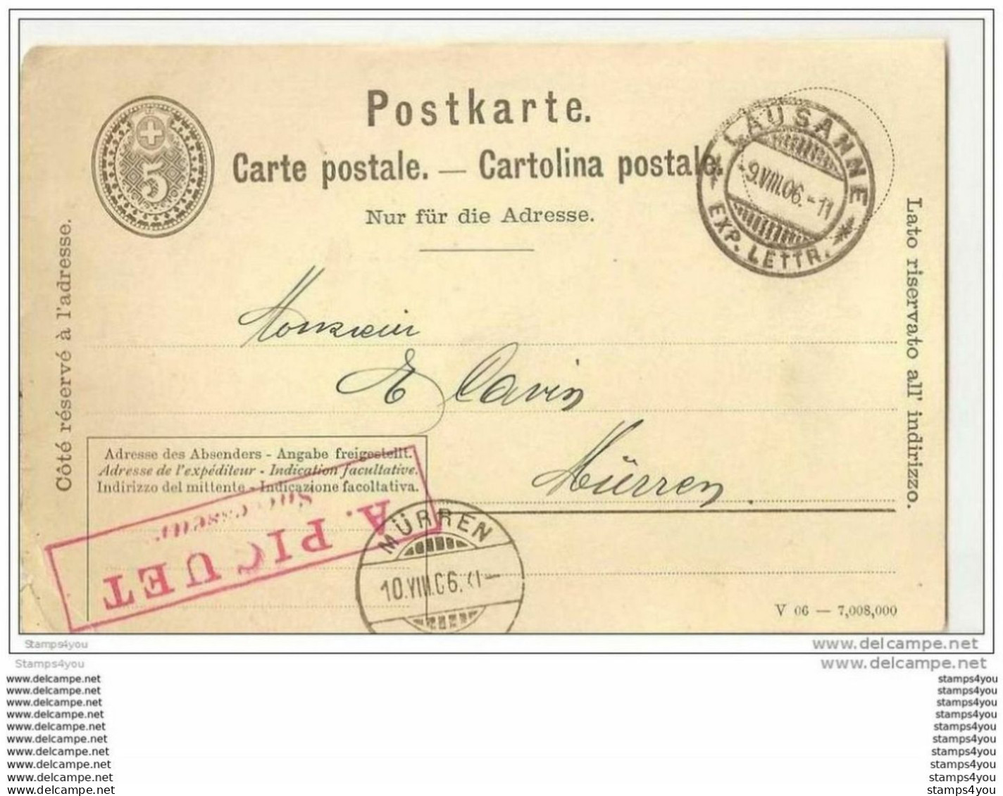 45 - 40 - Entier Postal 5cts Envoyé De Lausanne à Mürren 1906 - Attention Léger Pli En Bas à Gauche - Entiers Postaux