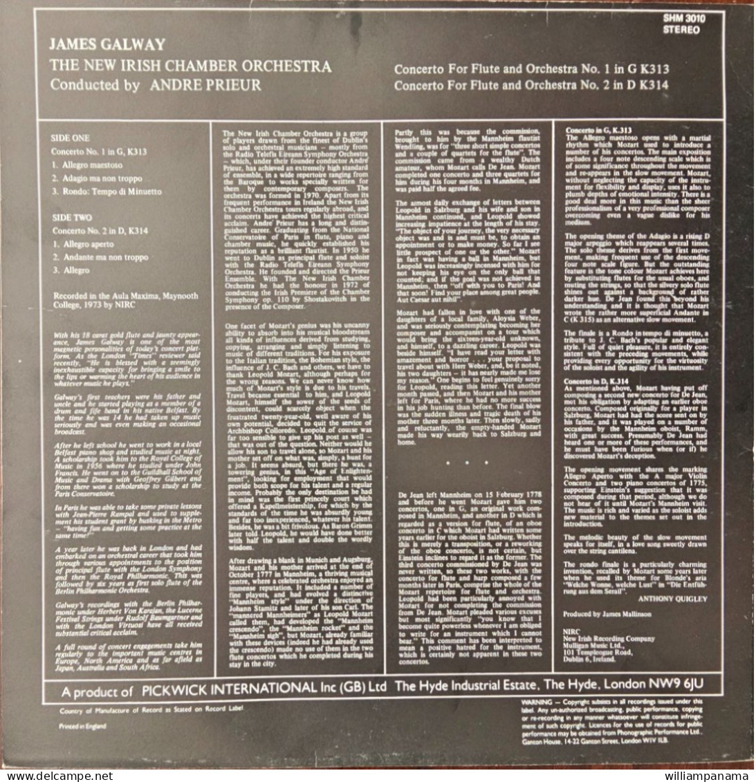 JAMES GALWAY Mozart LP Vinyl VG+ Cover VG+ 1973 Pickwick SHM - Klassik