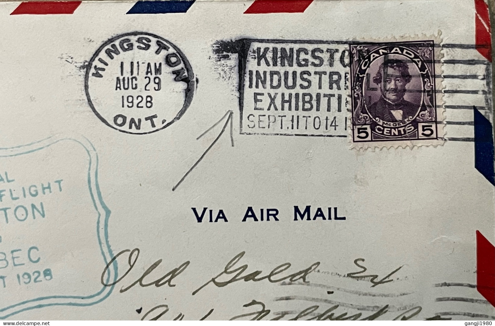 CANADA 1928, SPECIAL FLIGHT, KINGSTON TO QUEBEC, SLOGAN INDUSTRIAL EXHIBITION, KINGSTON & QUEBEC CITY CANCEL, DARCY McGE - Storia Postale